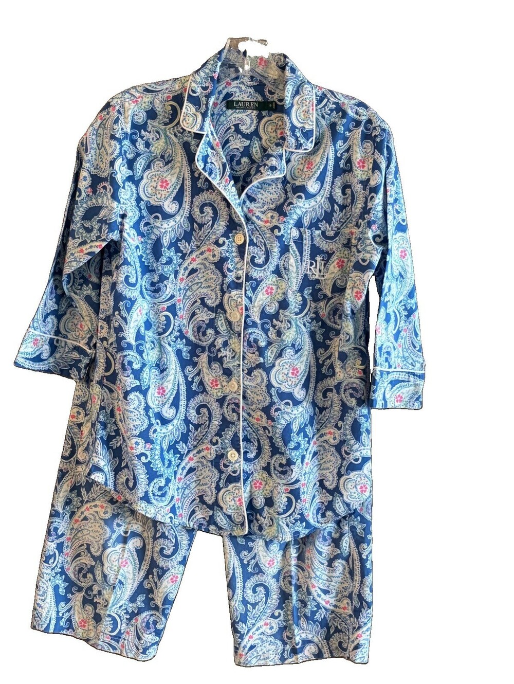 Lauren Ralph Lauren Pajama Set S 100% Cotton Blue Paisley Capri 3/4 Sleeve PJs
